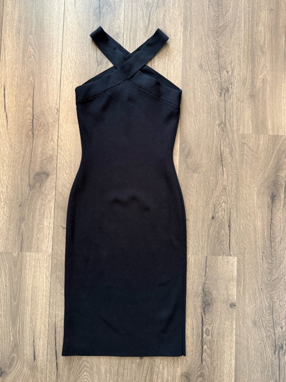 Babaton Black Cross Strap Midi Dress Size Small Bodycon Minimalist Chic